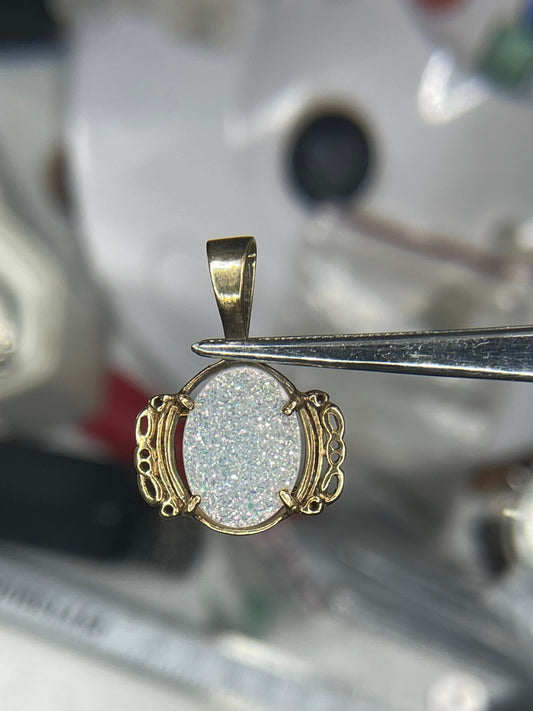 White Druzy Quartz 14k Yellow Gold Pendant