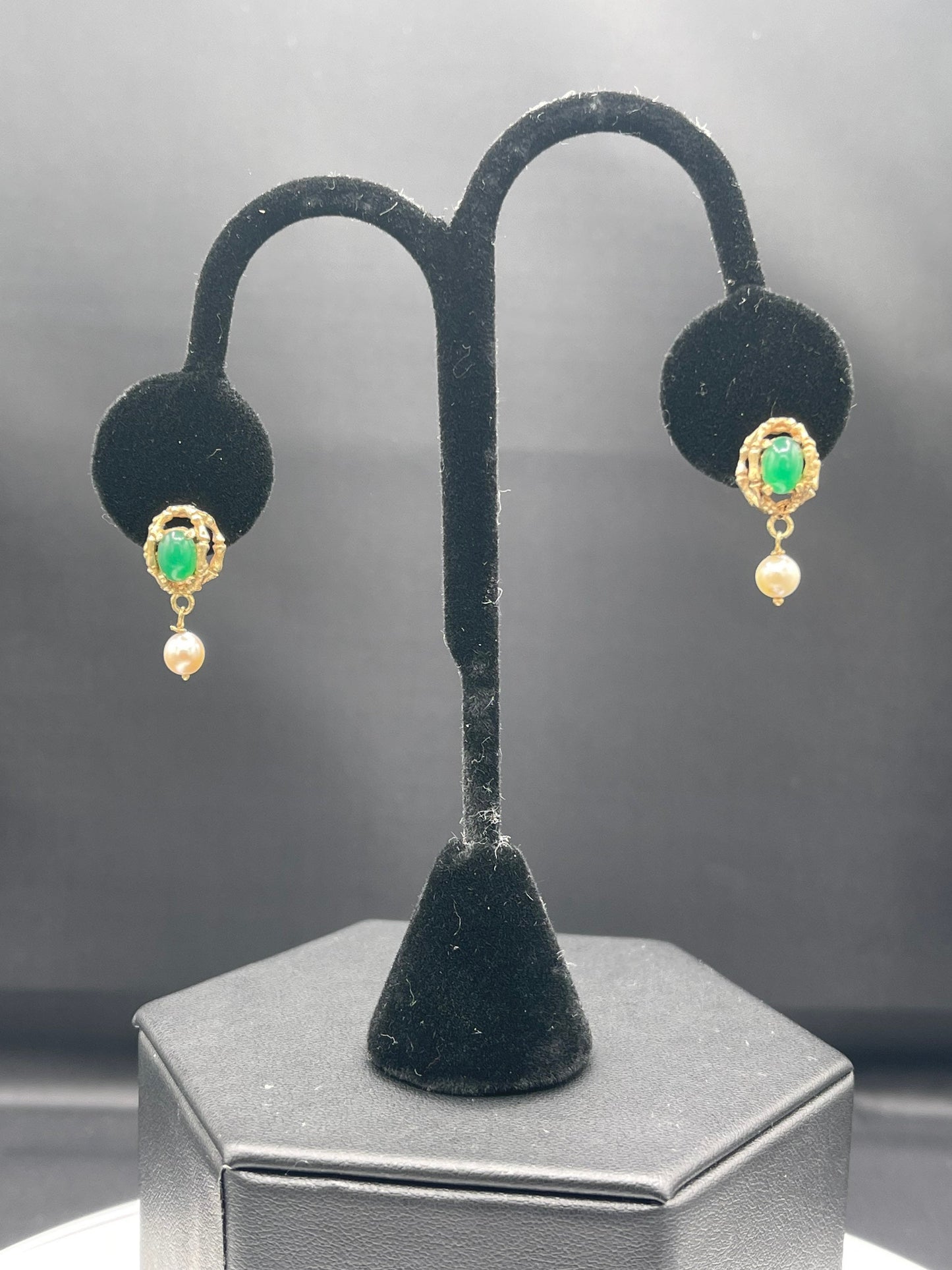 Natural Cabochon Emerald & Cultured Pearl 14k Yellow Gold Dangle Earrings