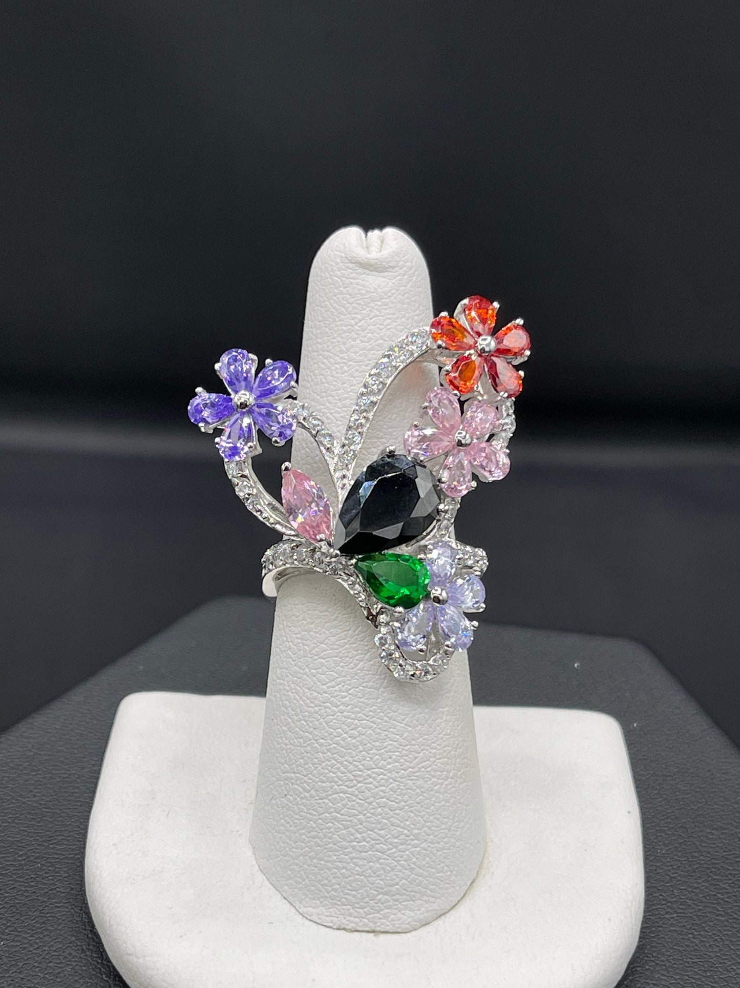 Multi Color Cubic Zirconia Sterling Silver Glam Ring (Size 7.5)