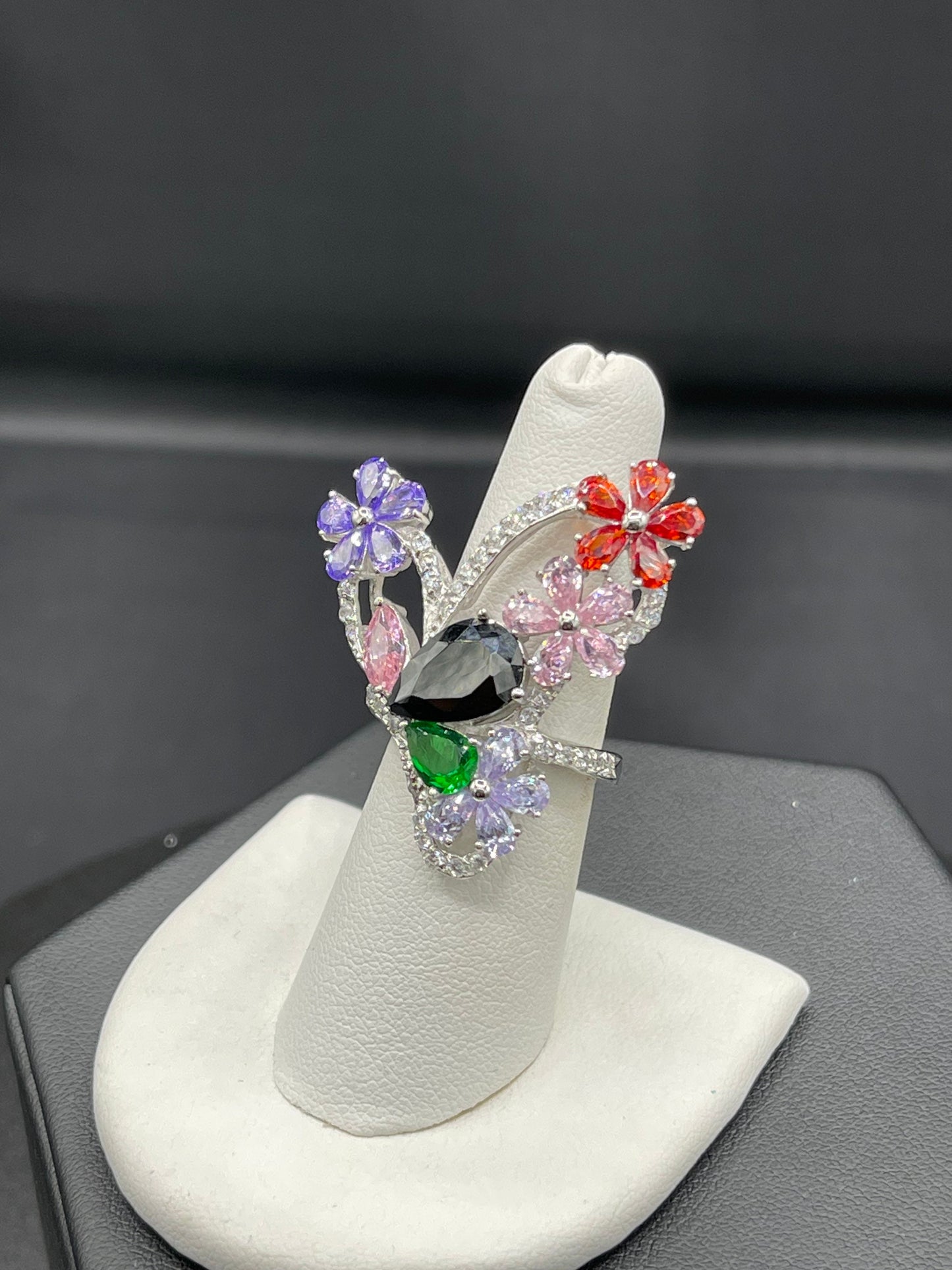 Multi Color Cubic Zirconia Sterling Silver Glam Ring (Size 7.5)