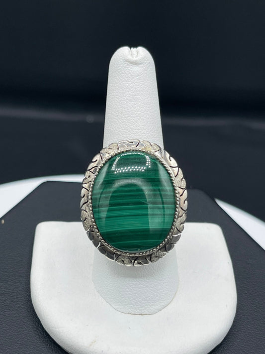 Large Malachite Sterling Silver Ring (Size 9)