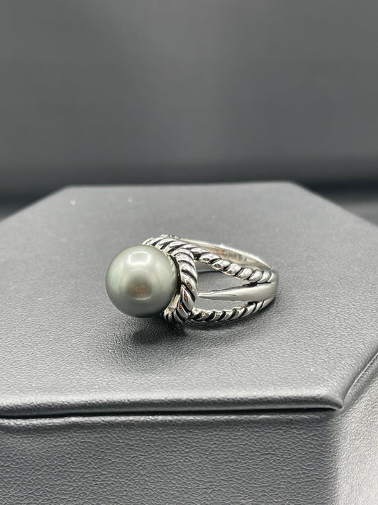 Tara & Sons Salt Water South Sea Pearl Black Enamel Sterling Silver Designer Ring (Size 7.5)