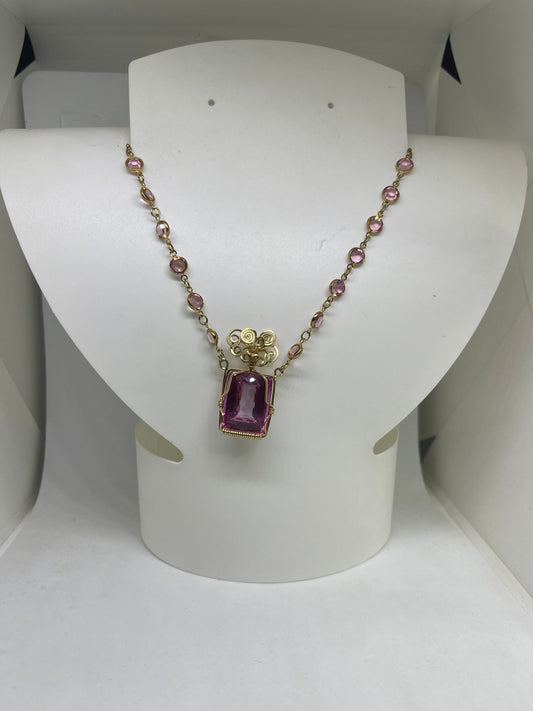 Pink Mystic Topaz Swarovski Crystal 14k GF Handmade Necklace