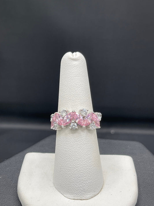 CZ Pink & White Sterling Silver Wedding Band Ring (Size 7)