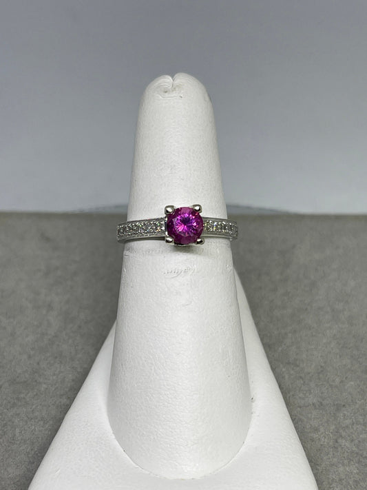 Natural Rubellite Fuchsia Pink Paraiba Tourmaline And Diamond Engagement 14k White Gold Ring