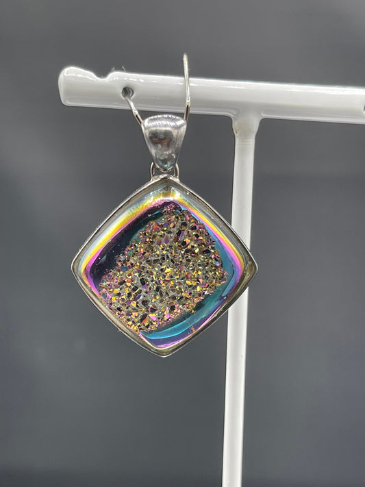 Moody Pink Druzy Quartz Square Window Sterling Silver Pendant