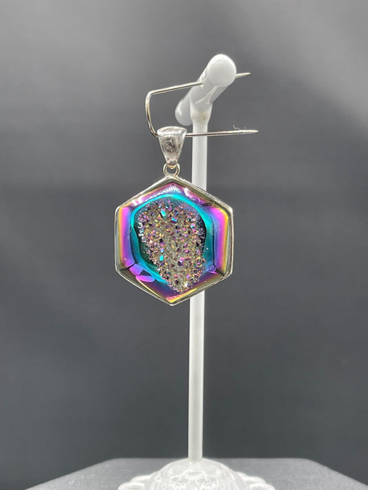 Moody Pink Druzy Quartz Hex Window Sterling Silver Pendant