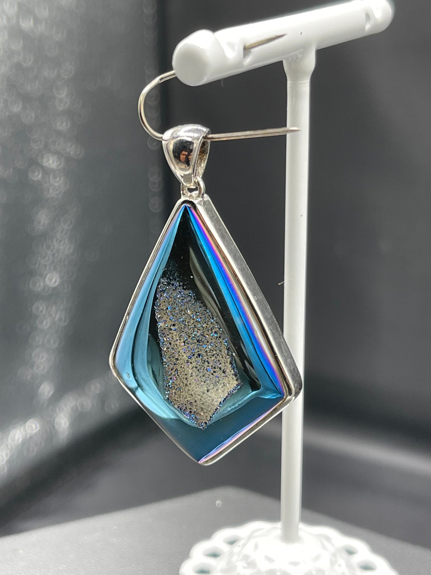 Steely Blue Druzy Quartz Kite Shaped Sterling Silver Pendant