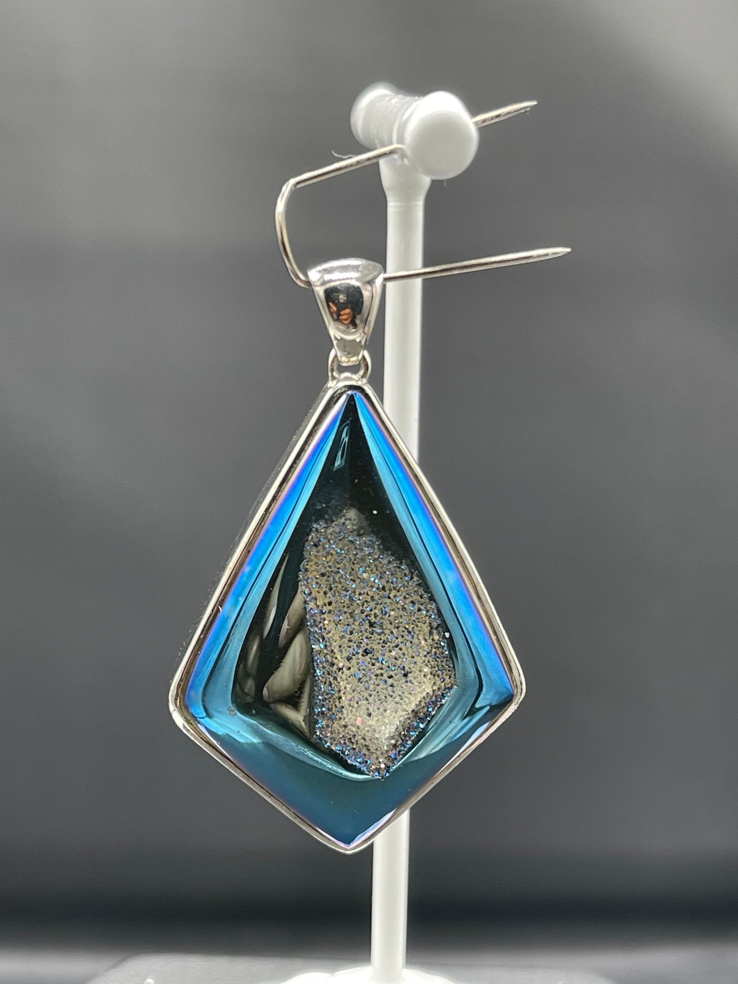 Steely Blue Druzy Quartz Kite Shaped Sterling Silver Pendant