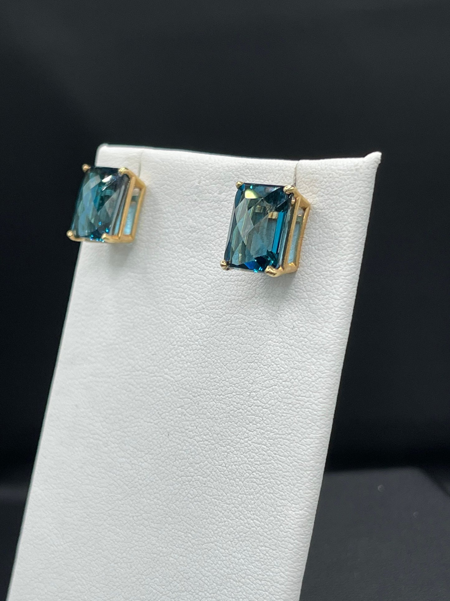 15.07 Carat London Blue Topaz 14k Yellow Gold Stud Earrings