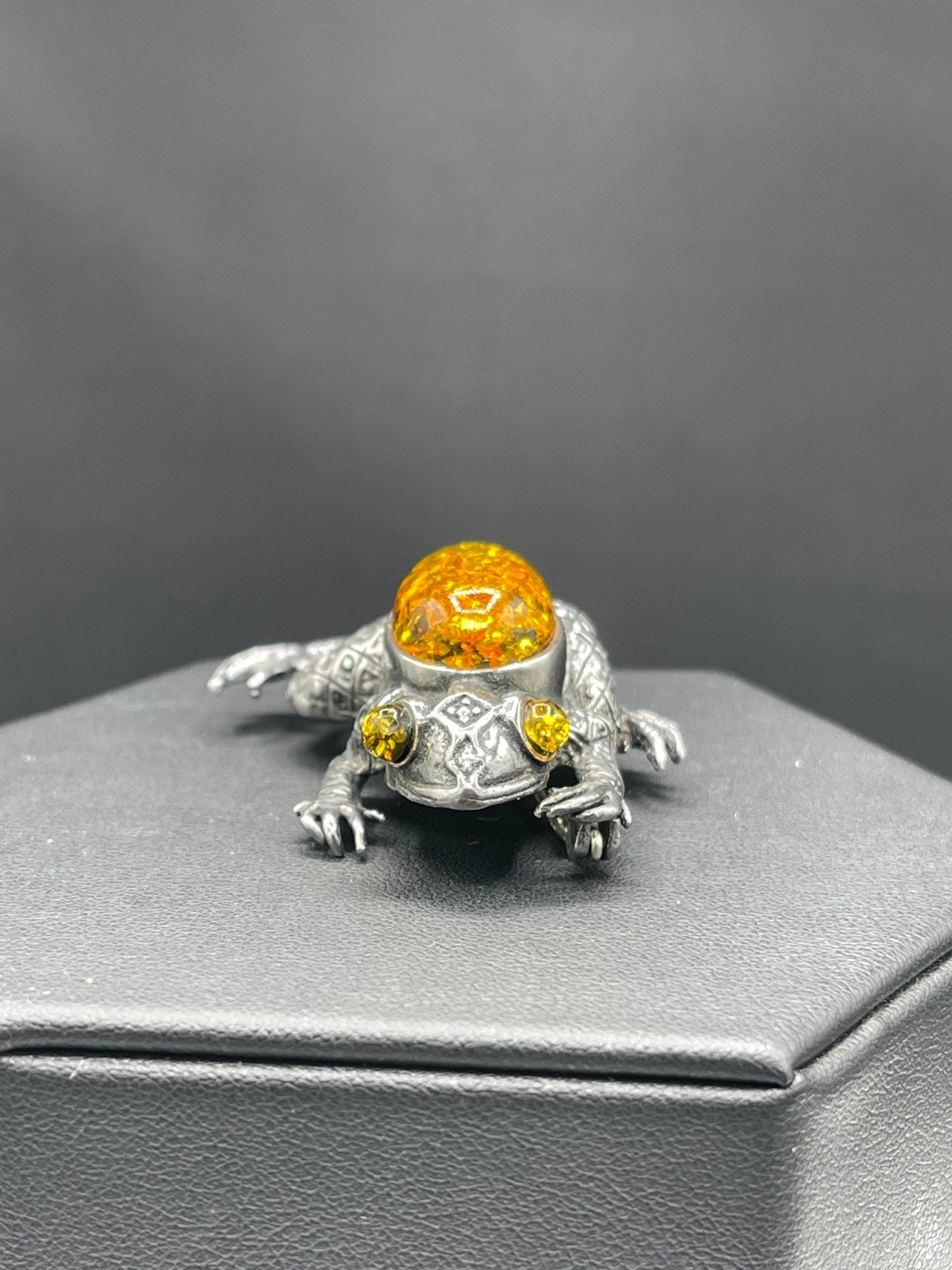 Handmade Amber Sterling Silver Frog Brooch Pin