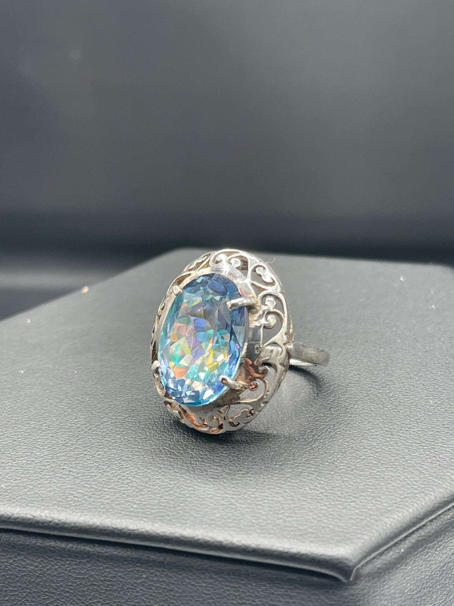 14.14 Carat Mystic Blue Multi Color Topaz Sterling Silver Ring (Size 6)