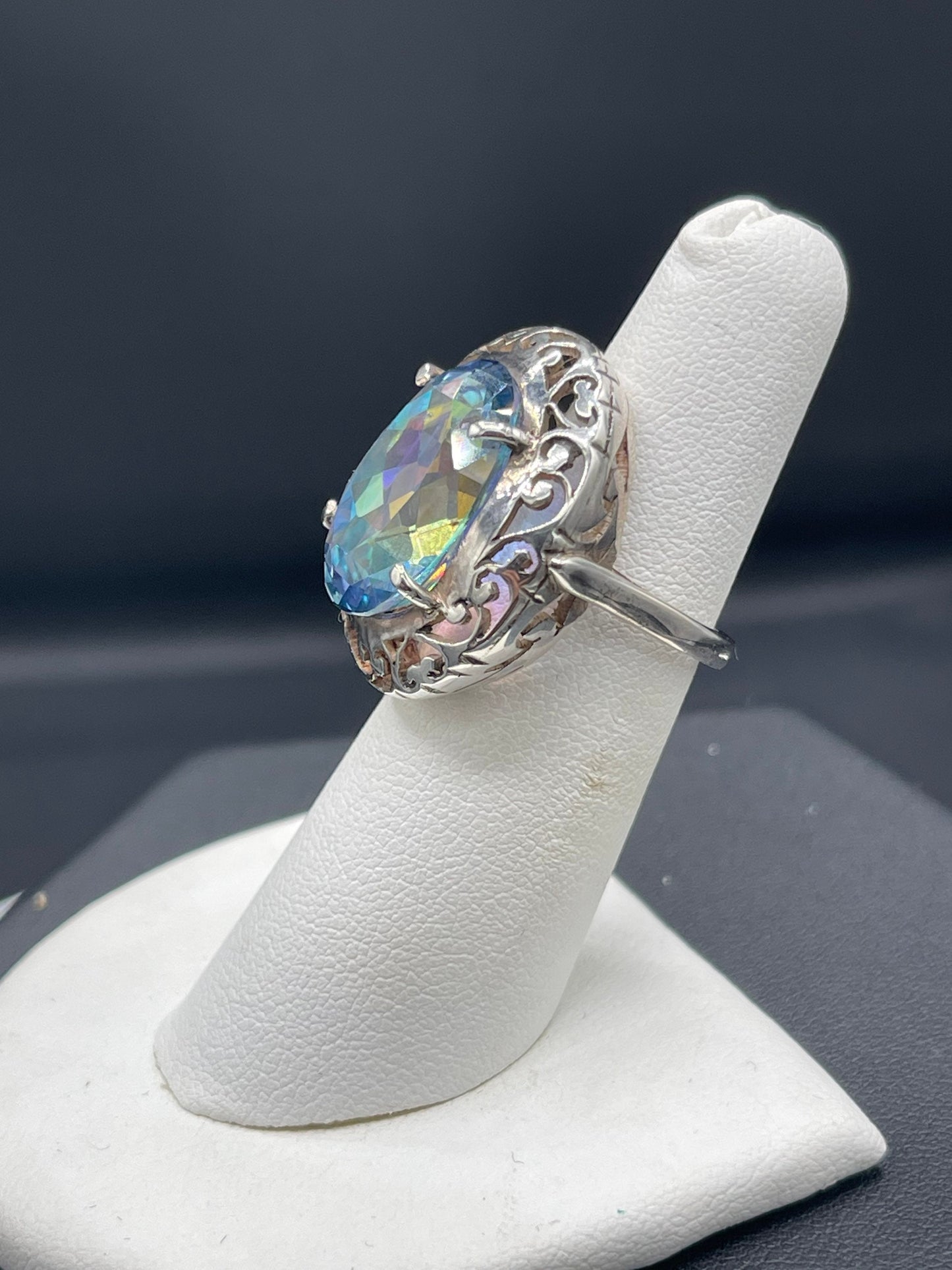 14.14 Carat Mystic Blue Multi Color Topaz Sterling Silver Ring (Size 6)