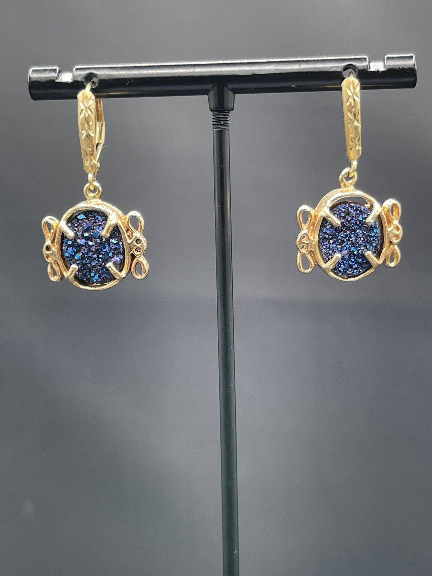 Cobalt Druzy Quartz 14k Yellow Gold French Lever Back Earrings