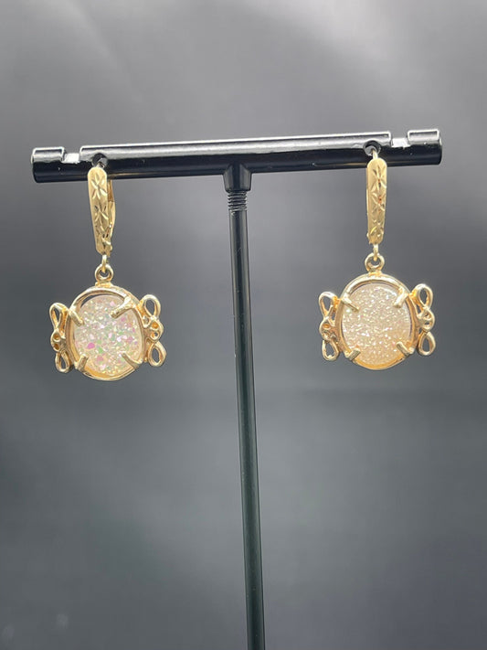 White Druzy Quartz 14k Yellow Gold French Lever Backs Earrings