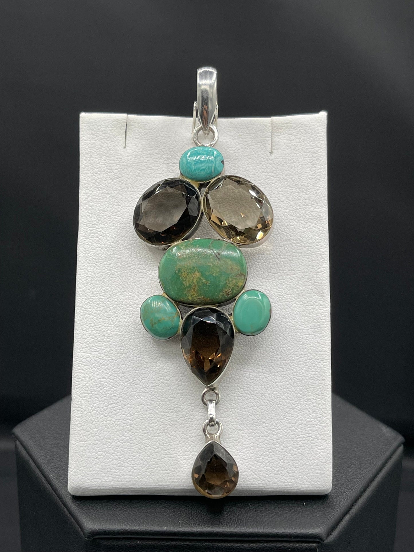 Natural Turquoise & Smokey Quartz Sterling Silver Dangle Pendant