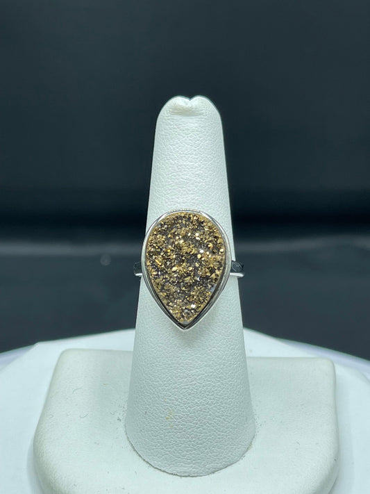 Pear Gold Druzy Quartz Sterling Silver Ring (Size 6.5)