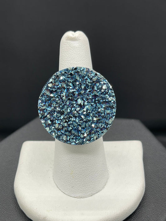 Steely Blue Druzy Quartz Sterling Silver Ring (Size 7)