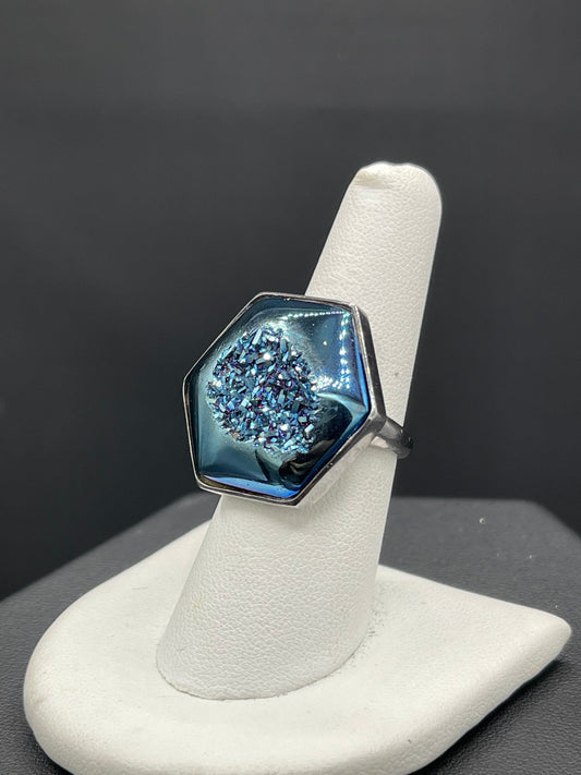 Steely Blue Druzy Quartz Sterling Silver Ring (Size 7.25)