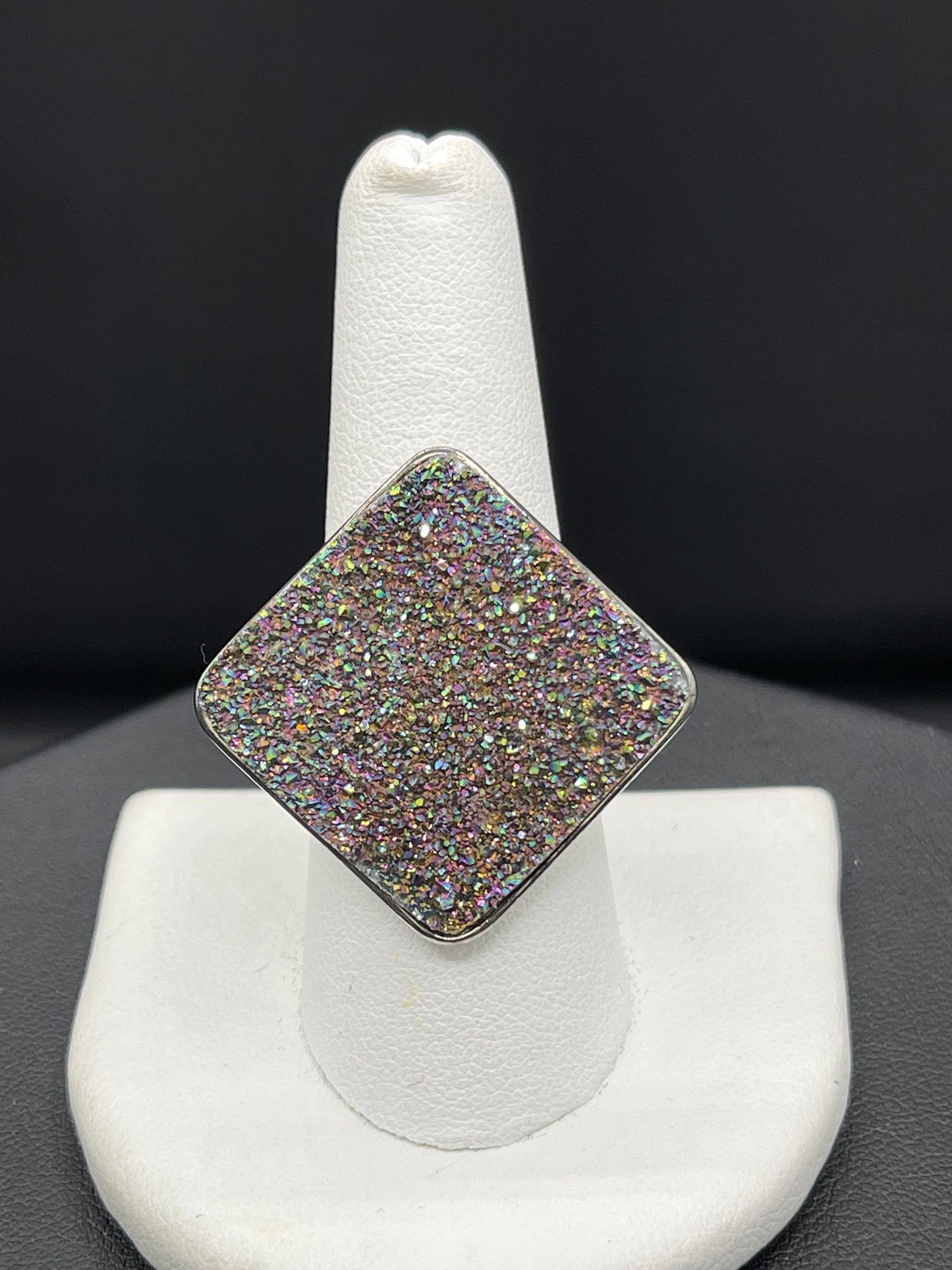 Peacock Druzy Quartz Sterling Silver Ring (Size 7.5)