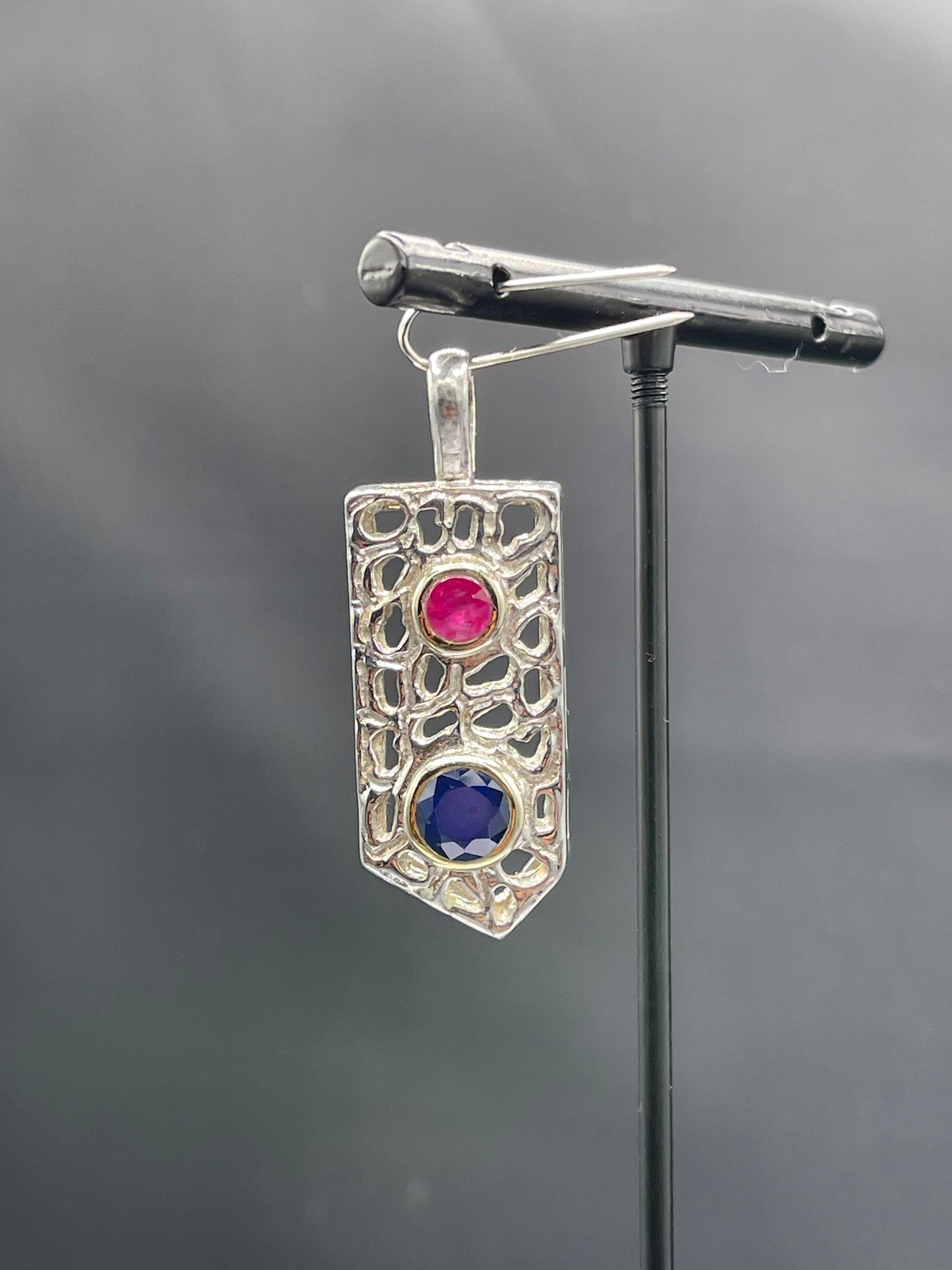 Natural Ruby & Sapphire 18k Gold Bezel Handmade Designer Sterling Silver Pendant