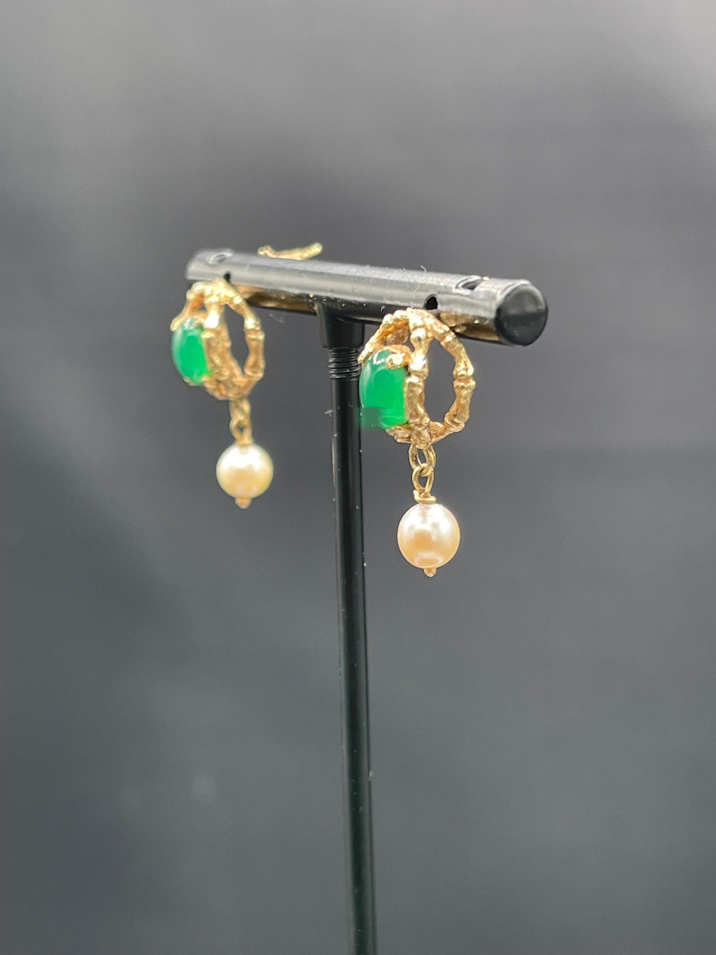 Natural Cabochon Emerald & Cultured Pearl 14k Yellow Gold Dangle Earrings
