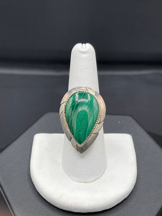 Pear Malachite Sterling Silver Ring (Size 7.5)