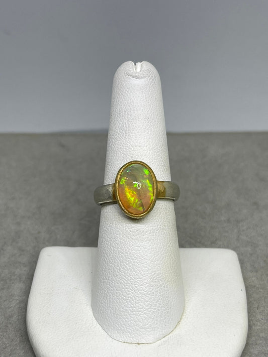 Natural Ethiopian Opal Sterling Silver 18K Gold Plated Bezel Ring (Size 7.5)