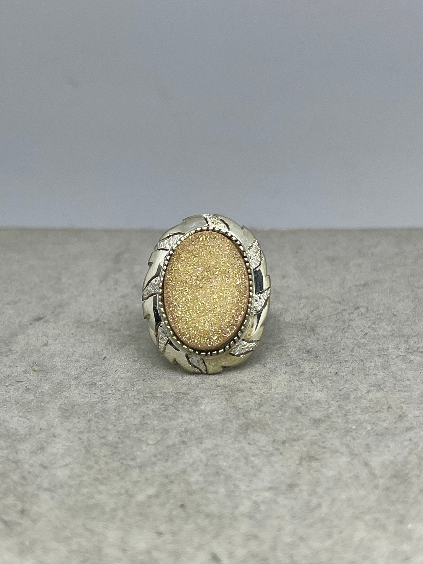 Yellow Druzy Quartz Sterling Silver Ring (Size 7.25)