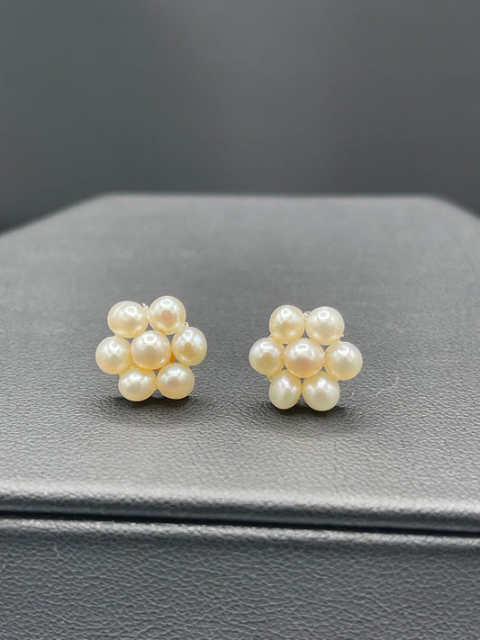 Natural Freshwater Pearl Cluster 14k Yellow Gold Earrings