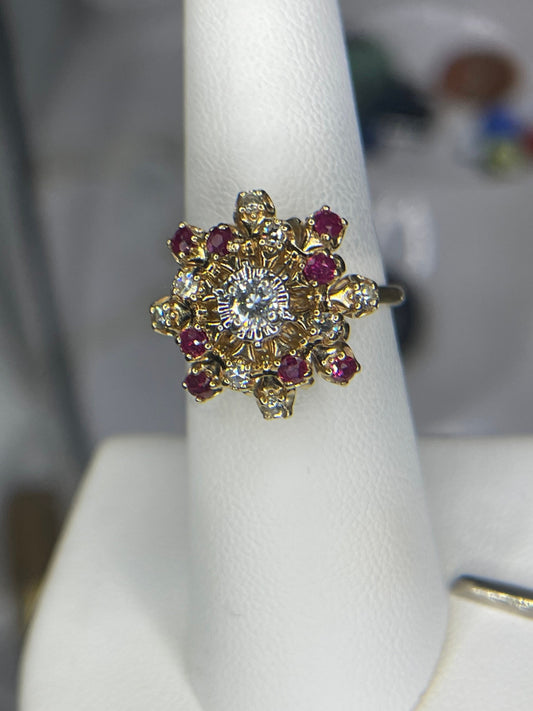 Vintage Diamond And Ruby 14K Flower Designer Ring (Size 6.75)