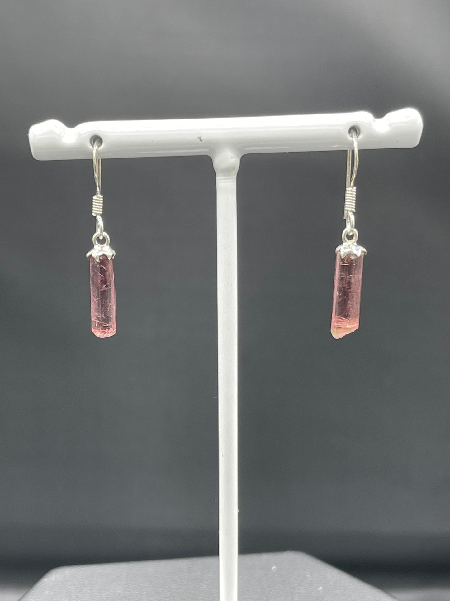 Natural Pink Tourmaline Crystal Sterling Silver Dangle Earrings