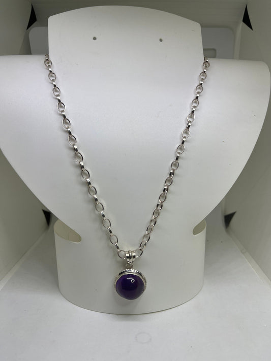 Amethyst Cabochon Sterling Silver Pendant & Chain Necklace