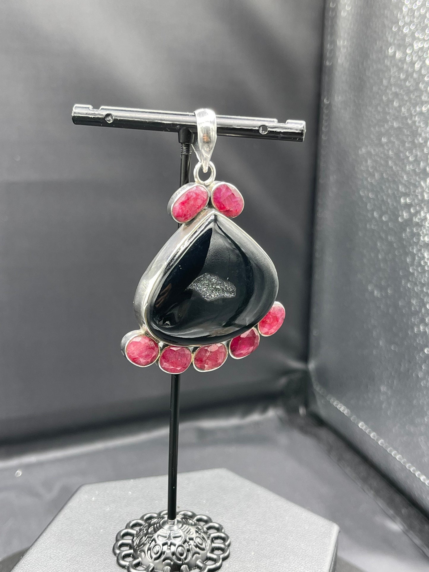 Natural Druzy Quartz & Ruby Sterling Silver Pendant