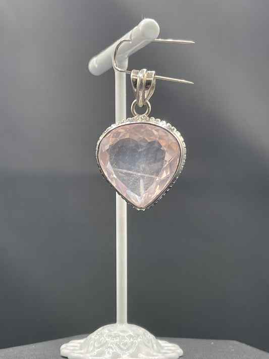 19 Carat Natural Rose Quartz Trillion Cut Sterling Silver Pendant