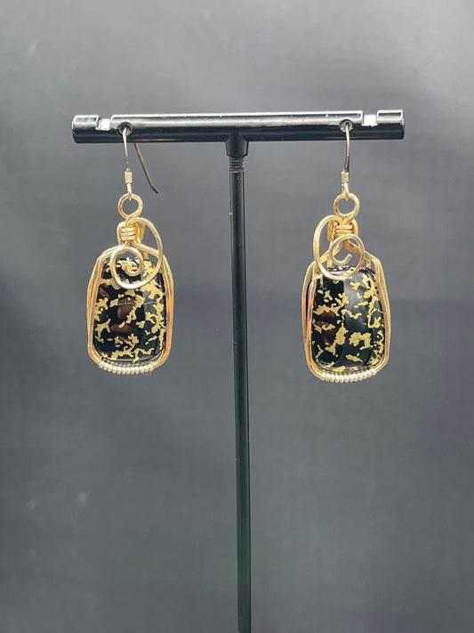 24K Black Jade 14K GF Wire Wrapped Dangle Earrings