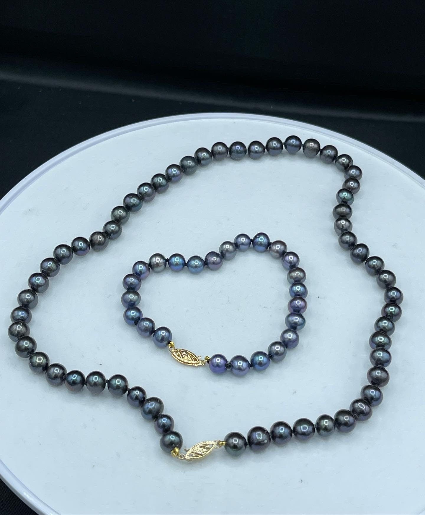 Natural Black Freshwater Pearl 14k Gold Clasp Necklace & Bracelet Bridesmaid Set