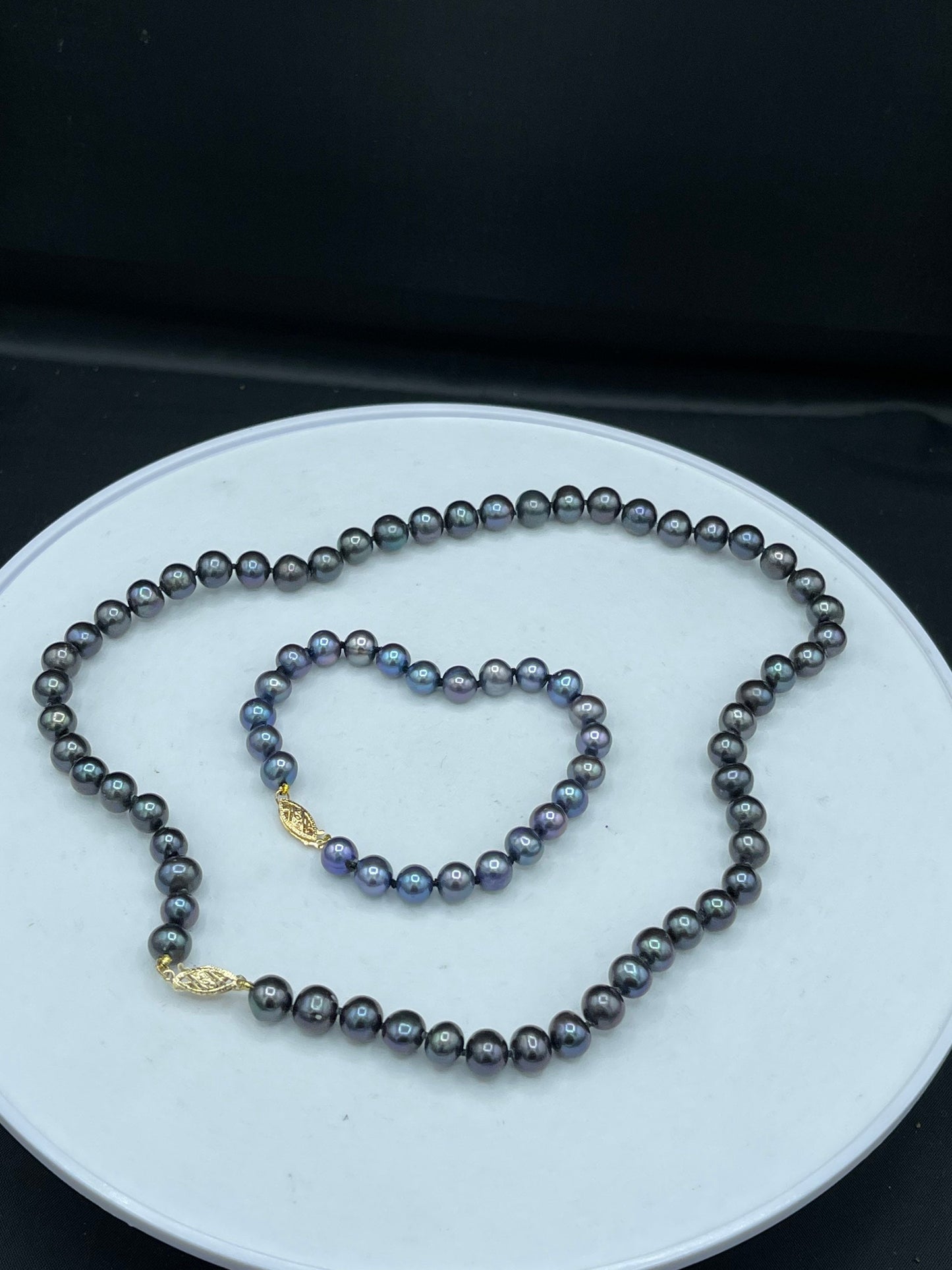 Natural Black Freshwater Pearl 14k Gold Clasp Necklace & Bracelet Bridesmaid Set