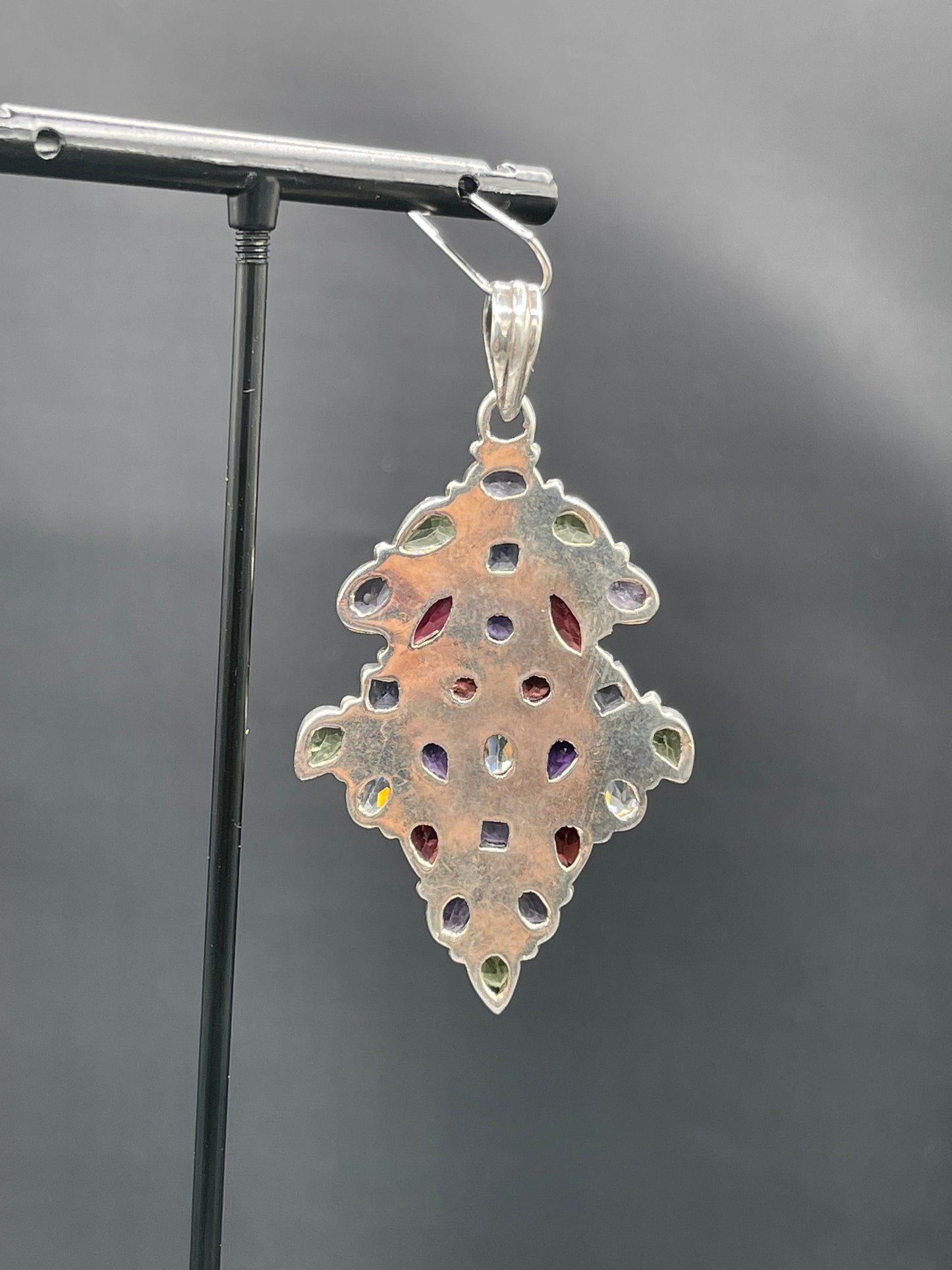 Natural Garnet Amethyst Peridot Iolite & White Topaz Sterling Silver Pendant