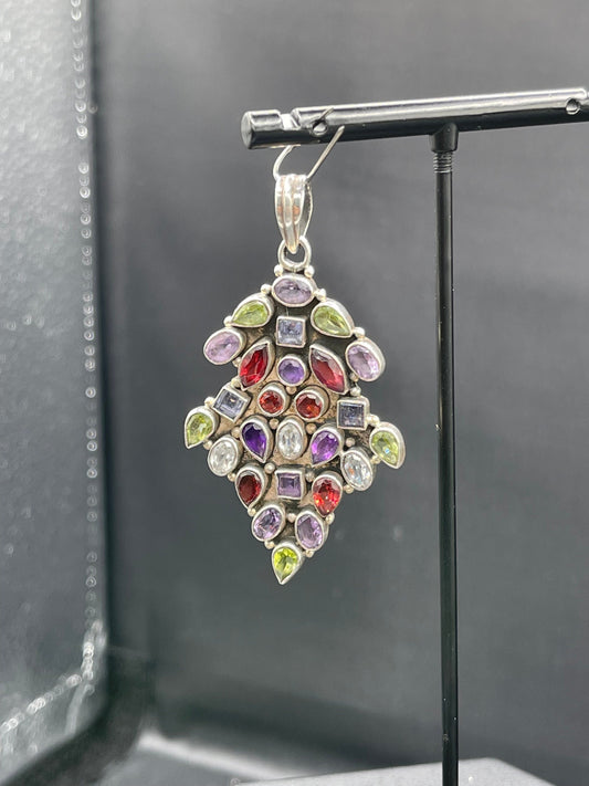 Natural Garnet Amethyst Peridot Iolite & White Topaz Sterling Silver Pendant