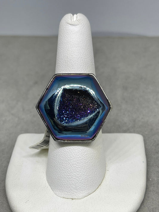 Steely Blue Druzy Quartz Sterling Silver Ring (Size 7.5)