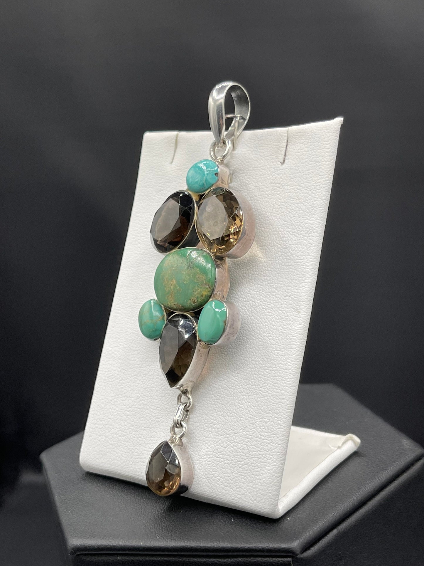 Natural Turquoise & Smokey Quartz Sterling Silver Dangle Pendant