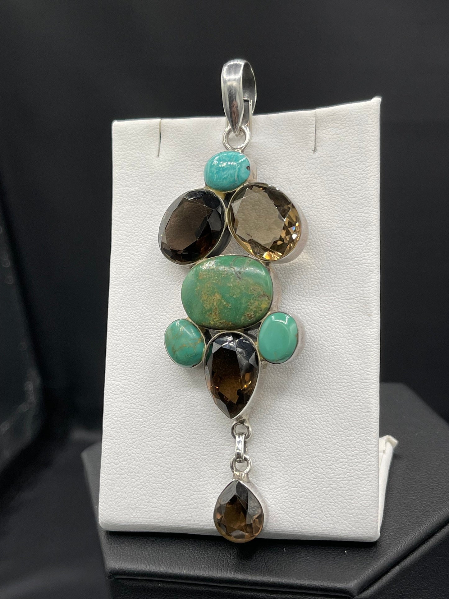 Natural Turquoise & Smokey Quartz Sterling Silver Dangle Pendant