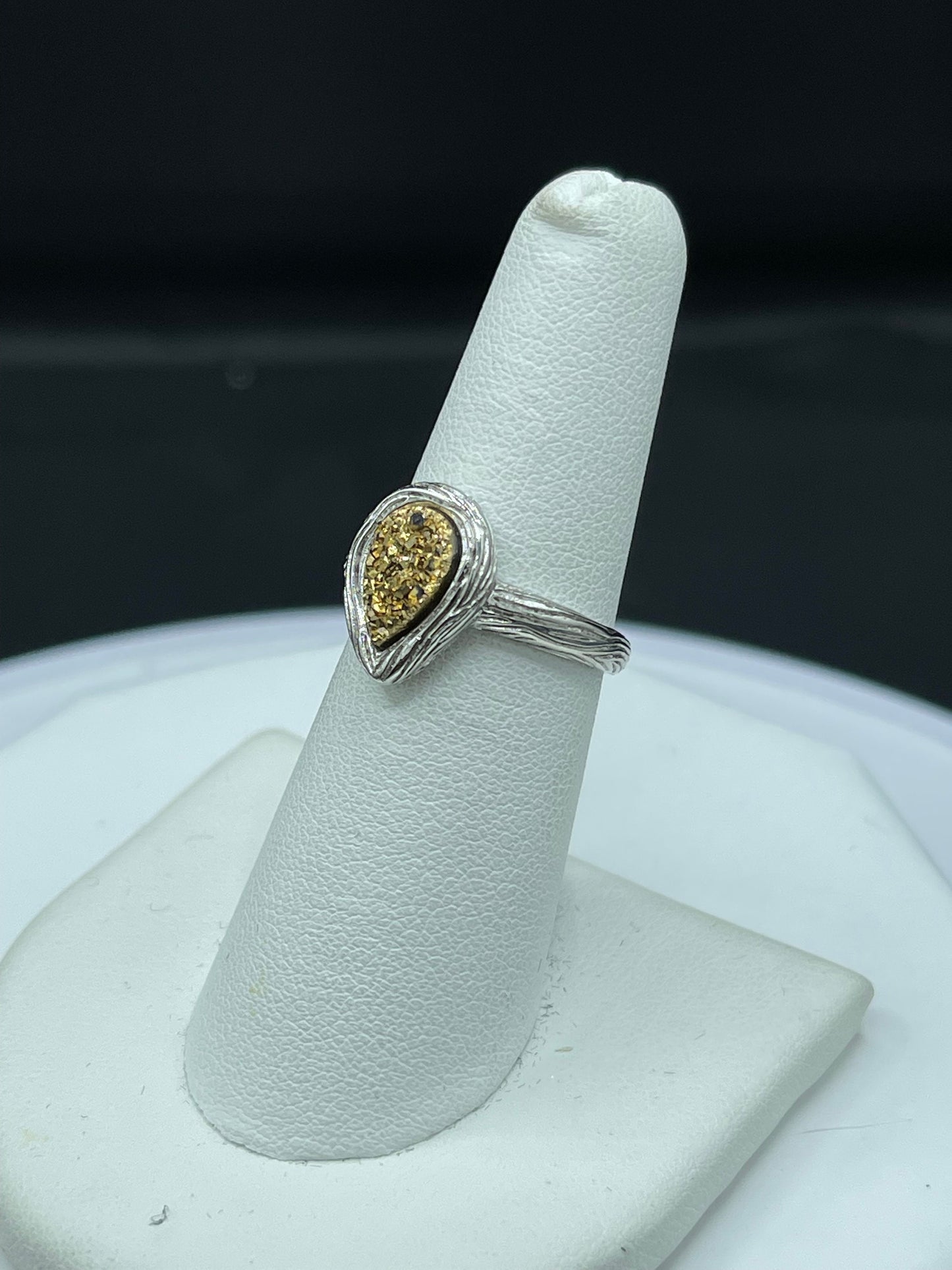 Gold Druzy Quartz Bezel Set Sterling Silver Ring (Size 6)