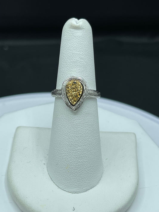 Gold Druzy Quartz Bezel Set Sterling Silver Ring (Size 6)