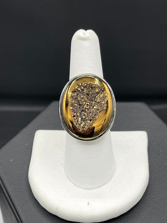 Gold Druzy Quartz Sterling Silver Ring (Size 7.25)