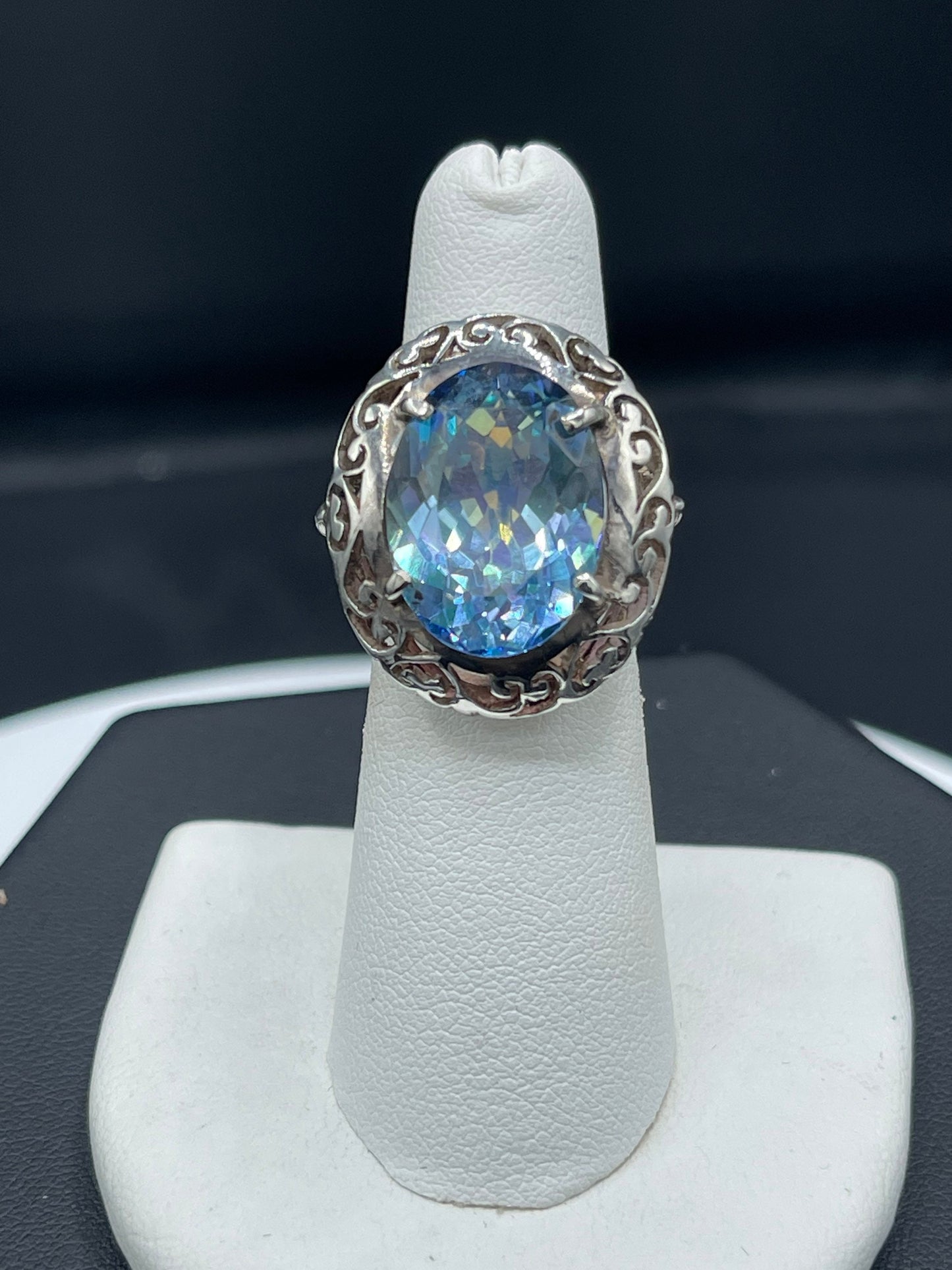 14.14 Carat Mystic Blue Multi Color Topaz Sterling Silver Ring (Size 6)