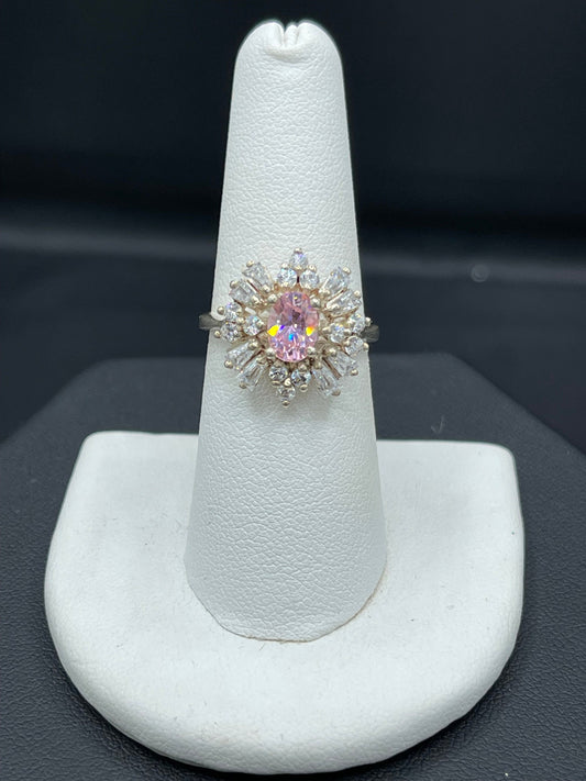 Pink & White Cubic Zirconia Sterling Silver Ring (Size 7)