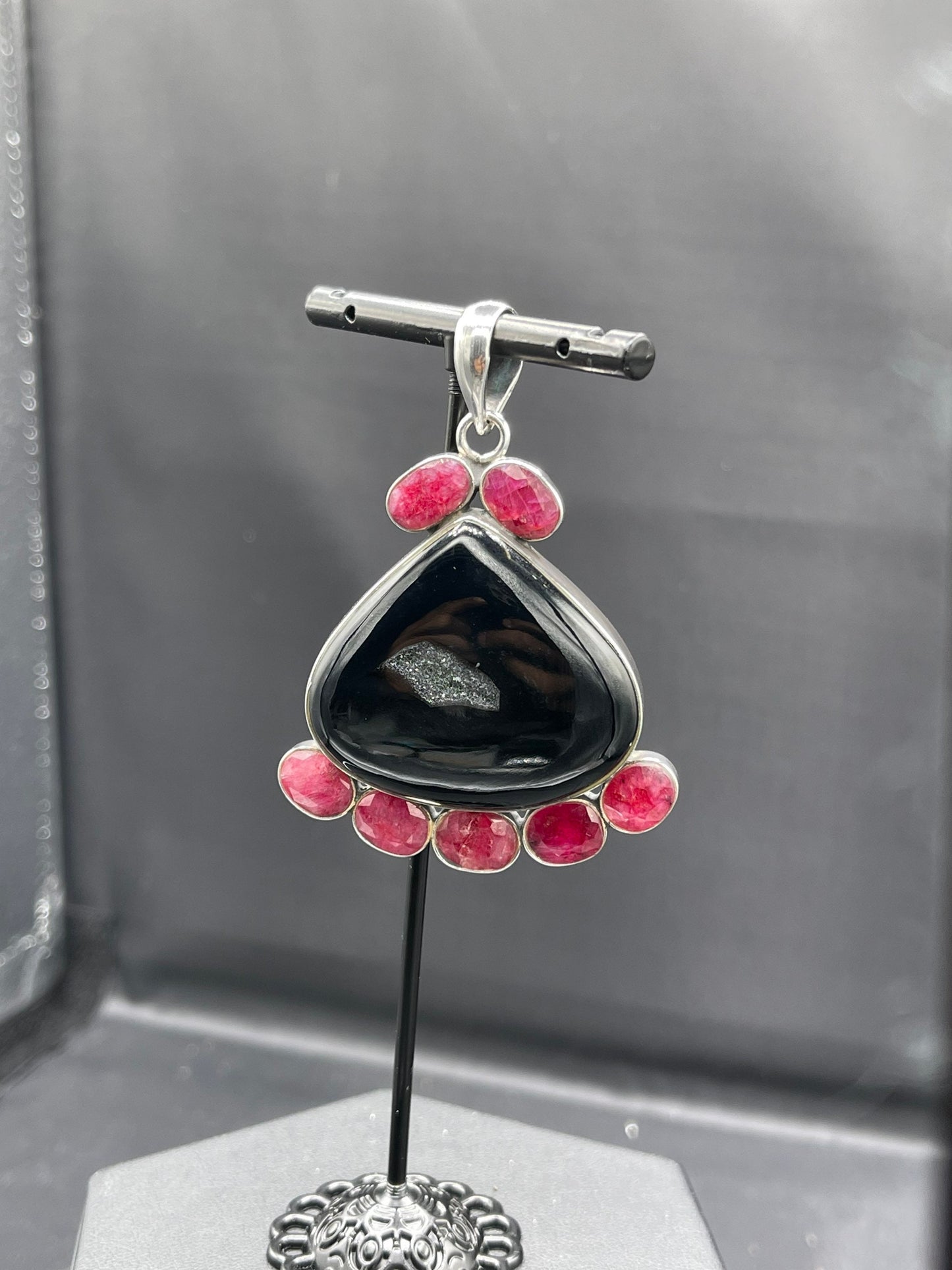 Natural Druzy Quartz & Ruby Sterling Silver Pendant