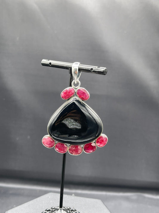 Natural Druzy Quartz & Ruby Sterling Silver Pendant